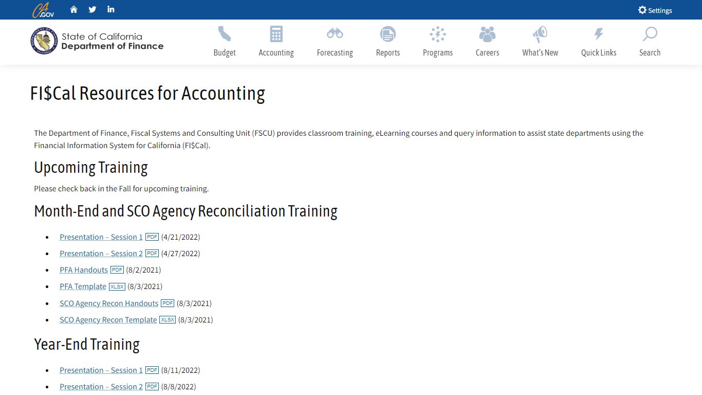 FI$Cal Resources for Accounting | Department of Finance